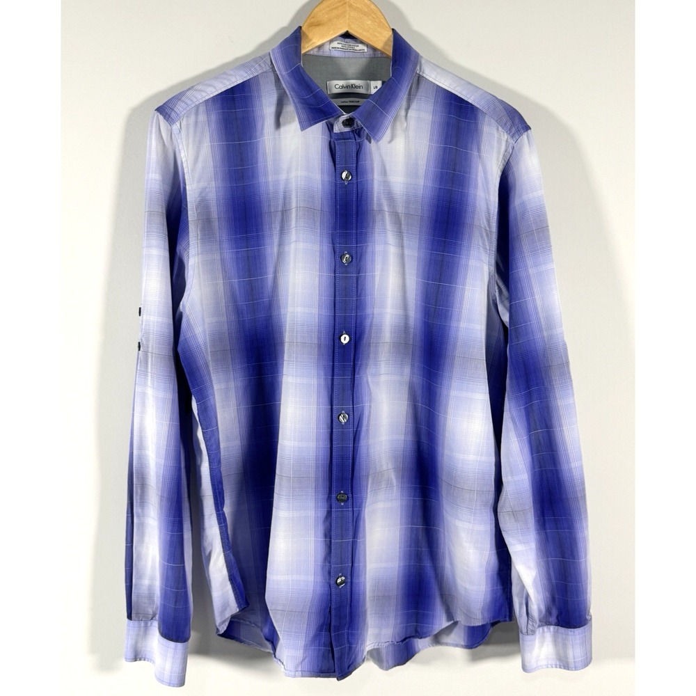 Calvin Klein Mens Purple Plaid Button Down Shirt Cotton Tencel‎ Long Sleeve L